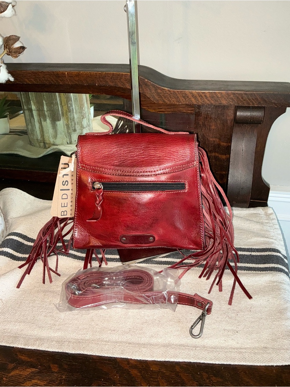 NWT Bed Stu Fringe Leather Hidden Crossbody Bag Handbag Cherry Lacquer MSRP $249 - Picture 2 of 14
